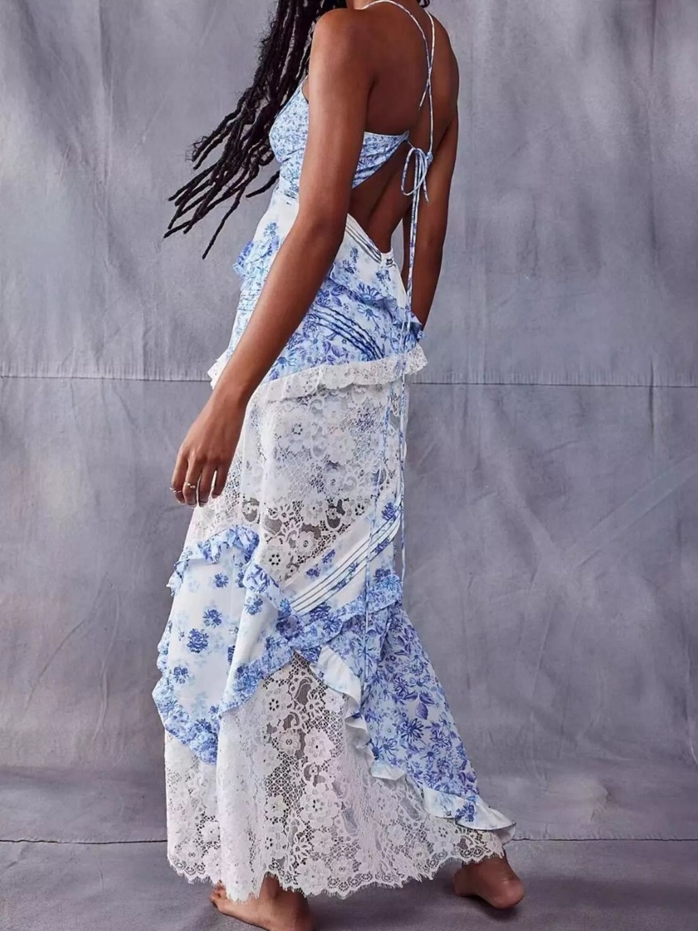 For Love & Lemons Rosalyn Maxi Dress Blue and White Floral Lace Size Medium - Picture 15 of 16